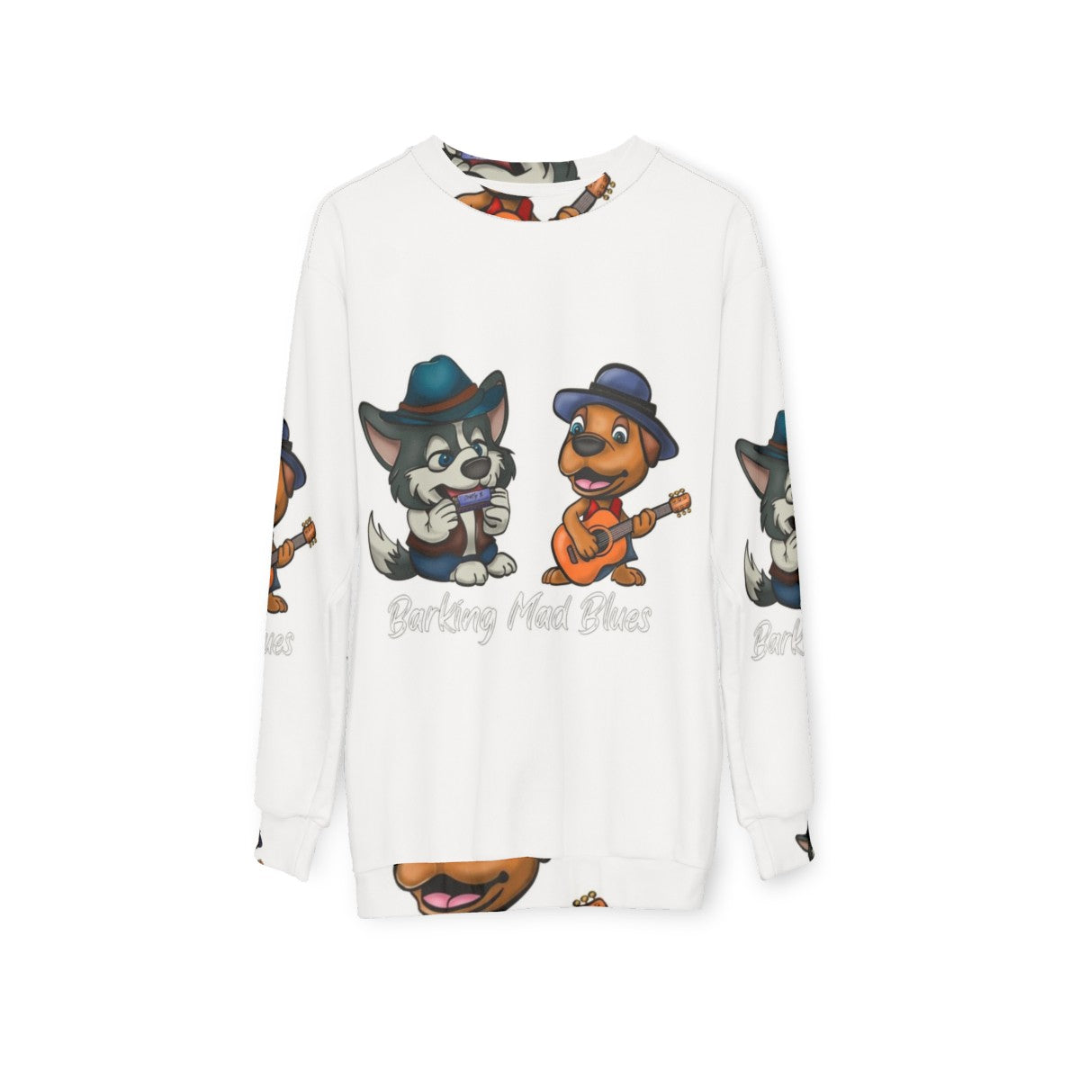 Blues sweatshirt featuring a cartoon malamute musician - hanging