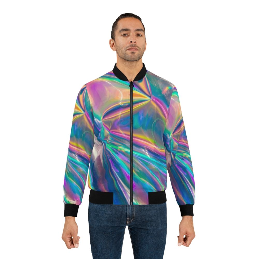 Holographic bomber jacket with vibrant, rainbow-like iridescent design - Lifestyle