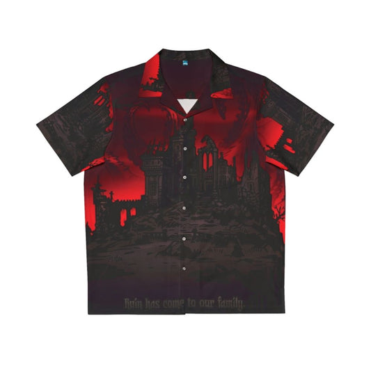 A dark and moody Hawaiian shirt with Lovecraftian and Gothic inspired designs, perfect for Darkest Dungeon fans.