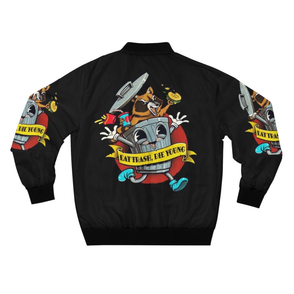 Vintage cartoon "Eat Trash Die Young" bomber jacket with raccoon, trash can, and other trash-themed graphics. - Back