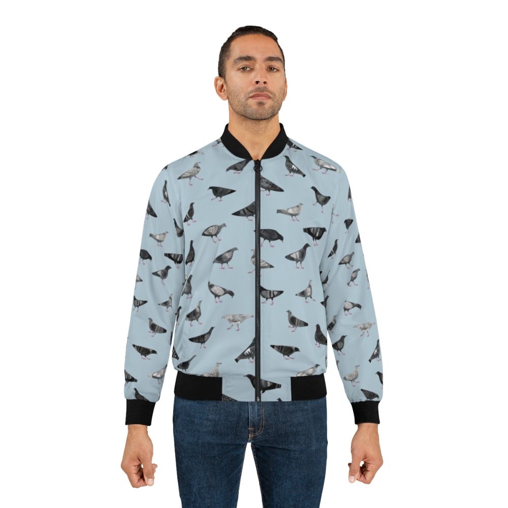 Bomber jacket featuring a pattern of urban pigeons/doves in shades of gray - Lifestyle