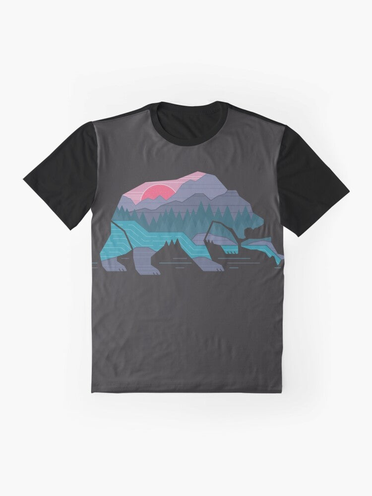 A minimalist graphic t-shirt design featuring a bear in a wilderness landscape with mountains, river, and forest. - Flat lay