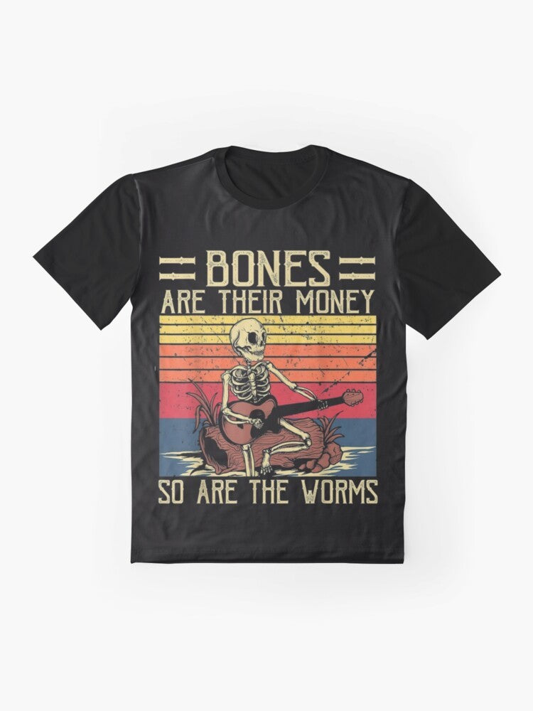 Retro graphic t-shirt featuring a skeleton playing guitar with the text "I Think You Should Leave with Tim Robinson" - Flat lay