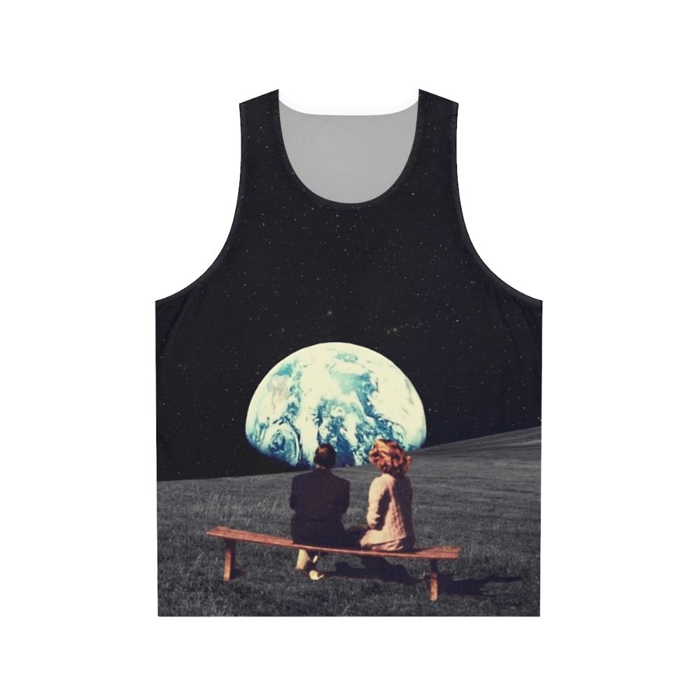 Unisex retrofuture tank top featuring a digital collage of a surreal landscape