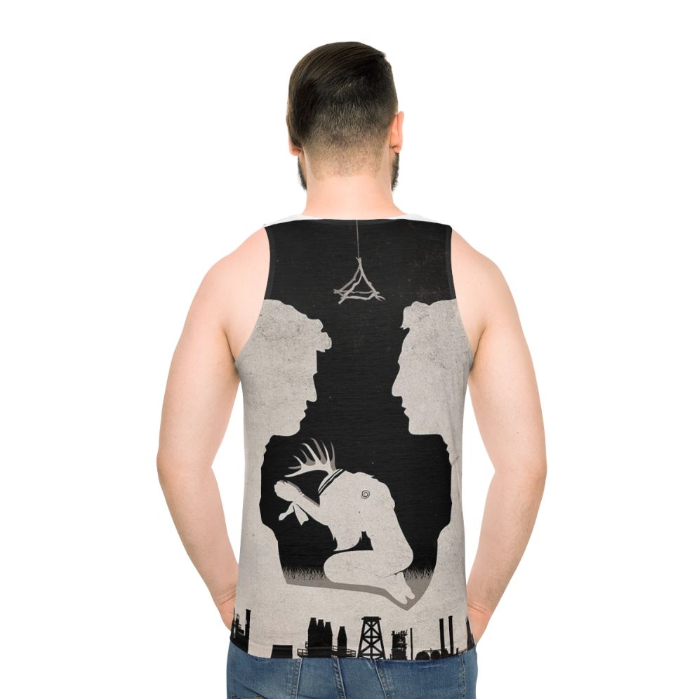 True Detective Unisex Tank Top with Minimalist Spiral Design - men back