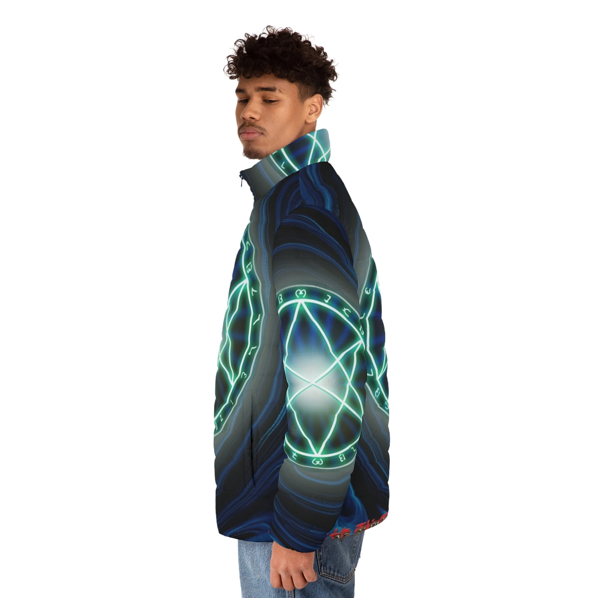 The Seal of Orichalcos puffer jacket, featuring iconic Yu-Gi-Oh! imagery - men side left