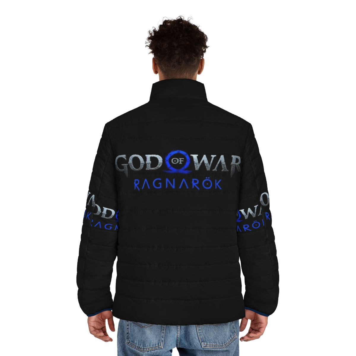 God of War Ragnarok Puffer Jacket featuring the iconic Norse mythology characters - men back