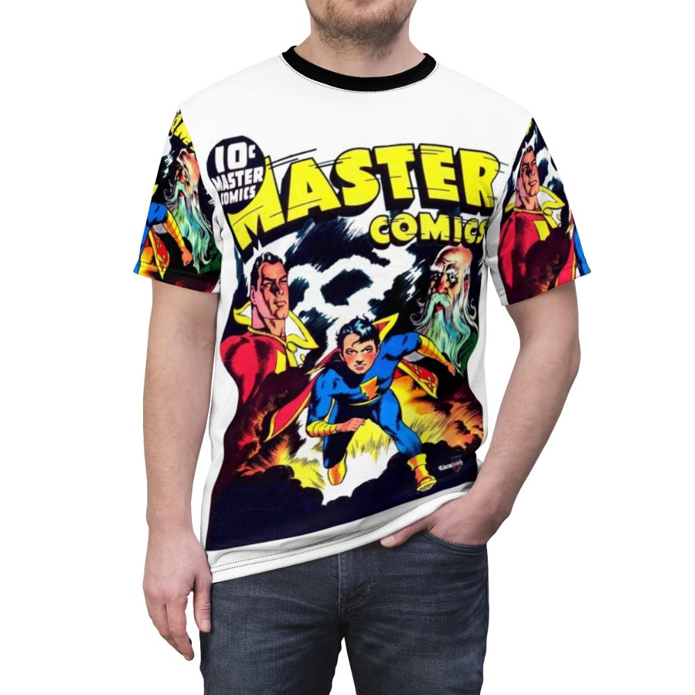 Vintage comic book-inspired t-shirt featuring the cover art of Master Comics No 23 - men front