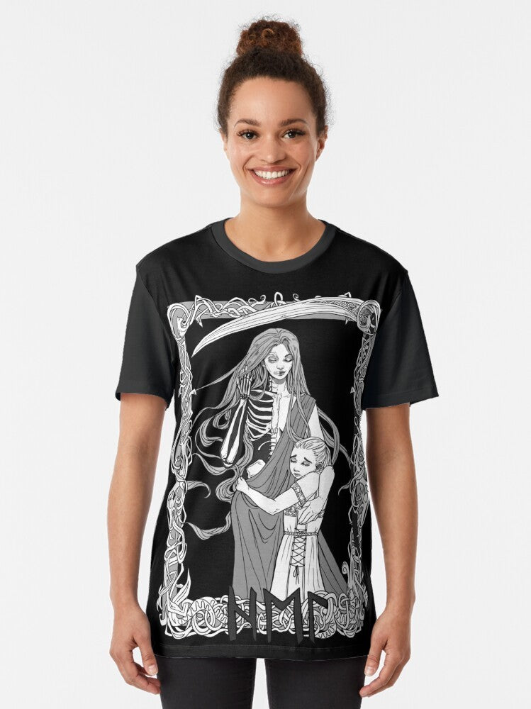 Hel, the Norse goddess of the underworld, depicted on a black graphic t-shirt - Women