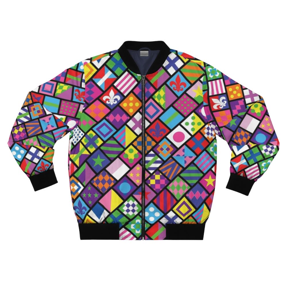 Colorful bomber jacket with horse racing and jockey silks design