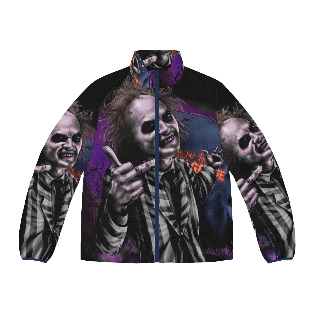 Beetlejuice-themed puffer jacket with a dark, gothic aesthetic