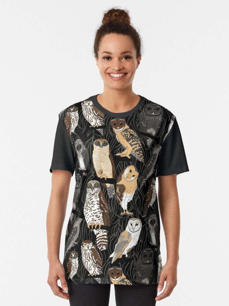 Graphic illustration of various Australian owl species including ninox strenua, tyto alba, and podargus strigoides on a t-shirt. - Women