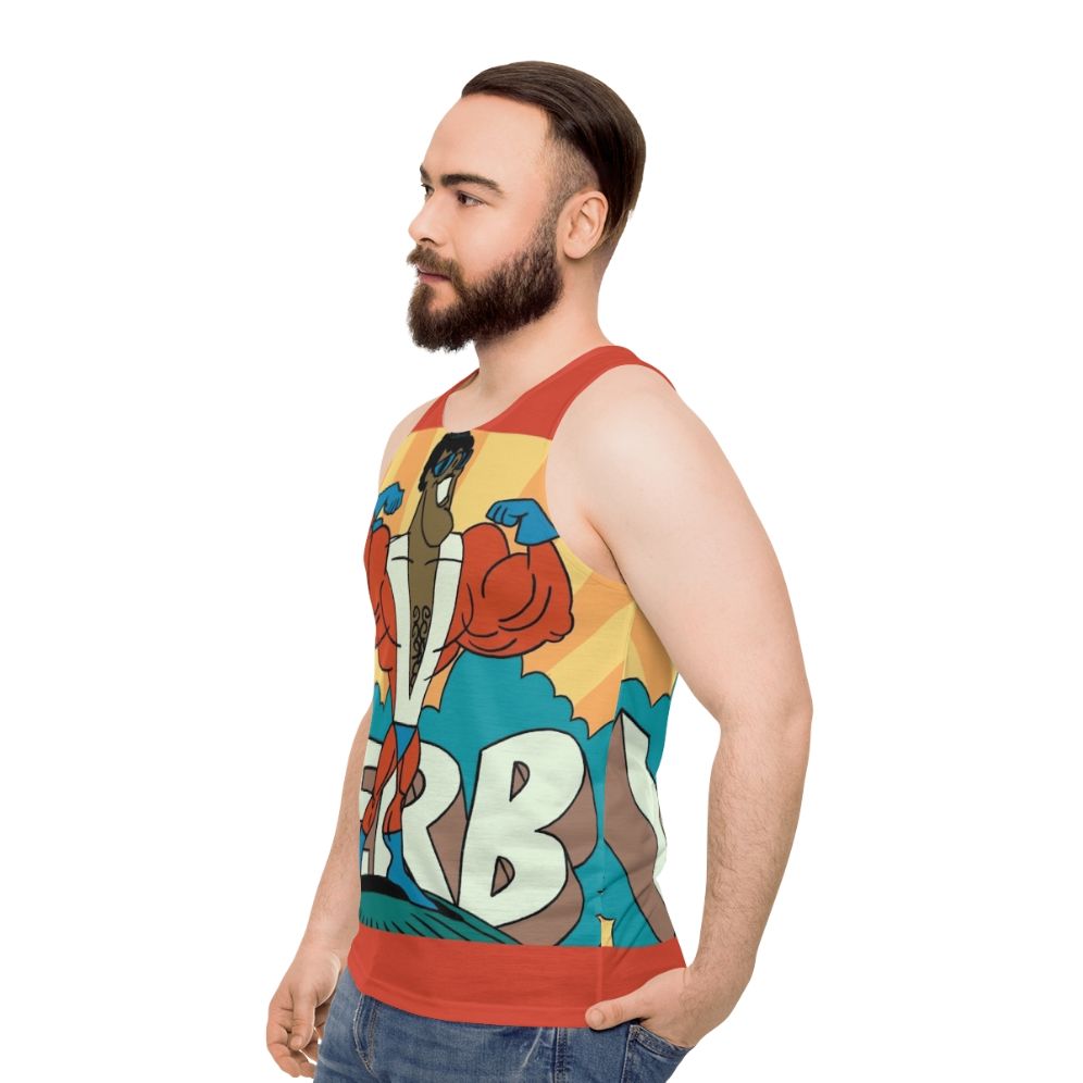 Unisex tank top with 1970s cartoon superhero verb design - men side