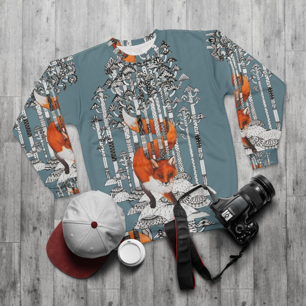 Warm and cozy fox graphic sweatshirt for outdoor winter activities - flat lay