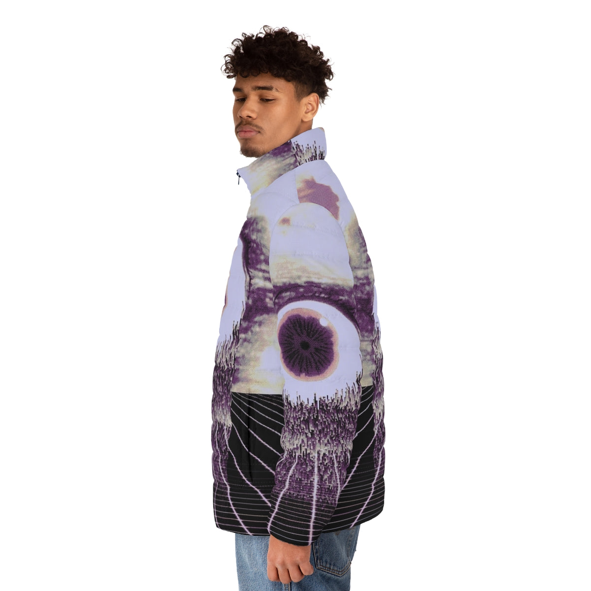 Puffer jacket with surreal glitch art and pixel design - men side left