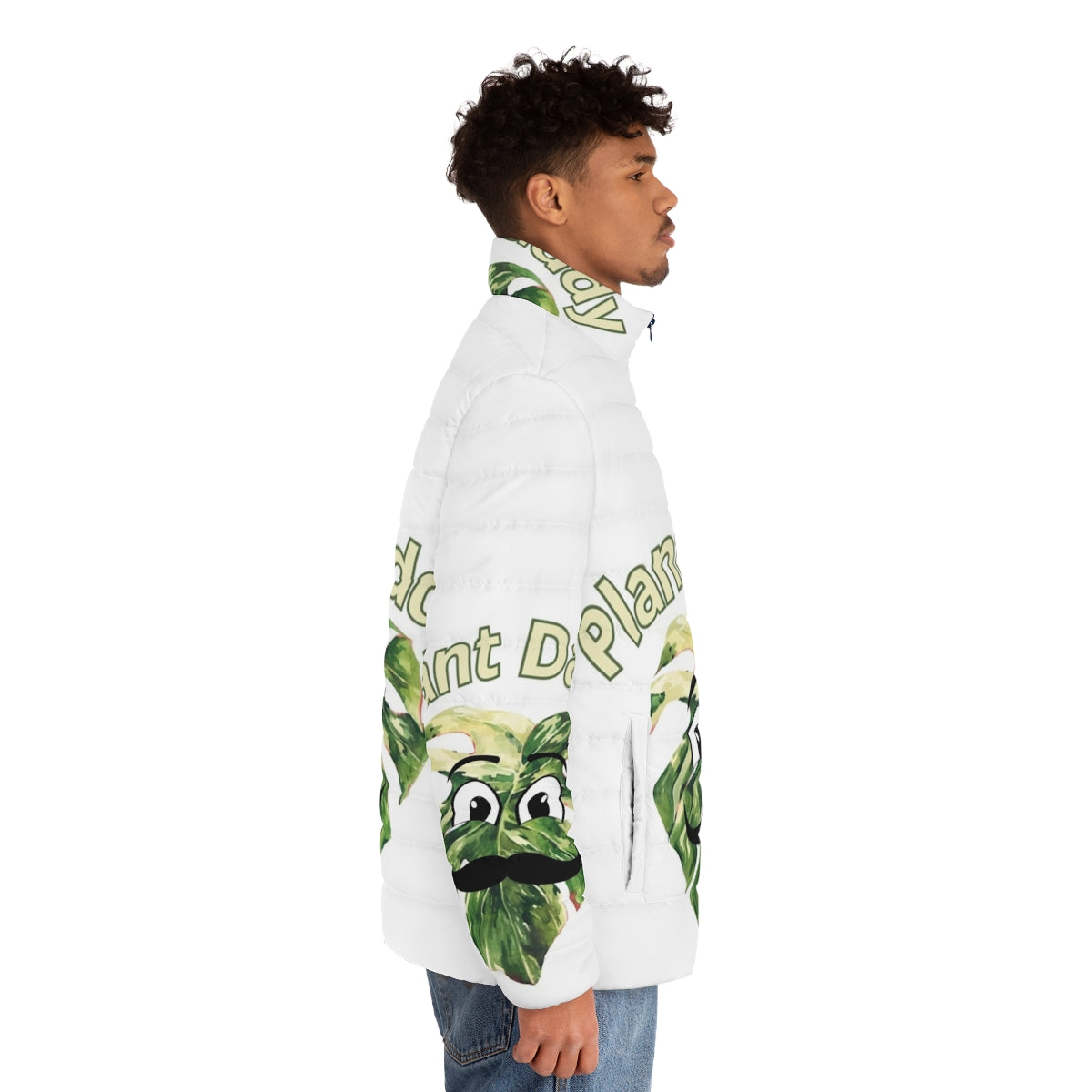 Person wearing a puffer jacket with a monstera deliciosa plant - men side right