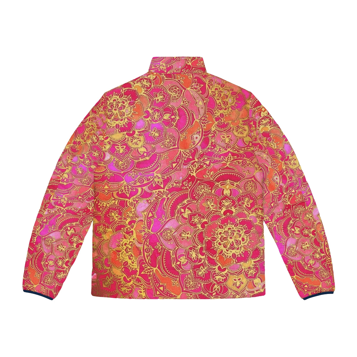 Hot pink and gold baroque floral patterned puffer jacket - Back