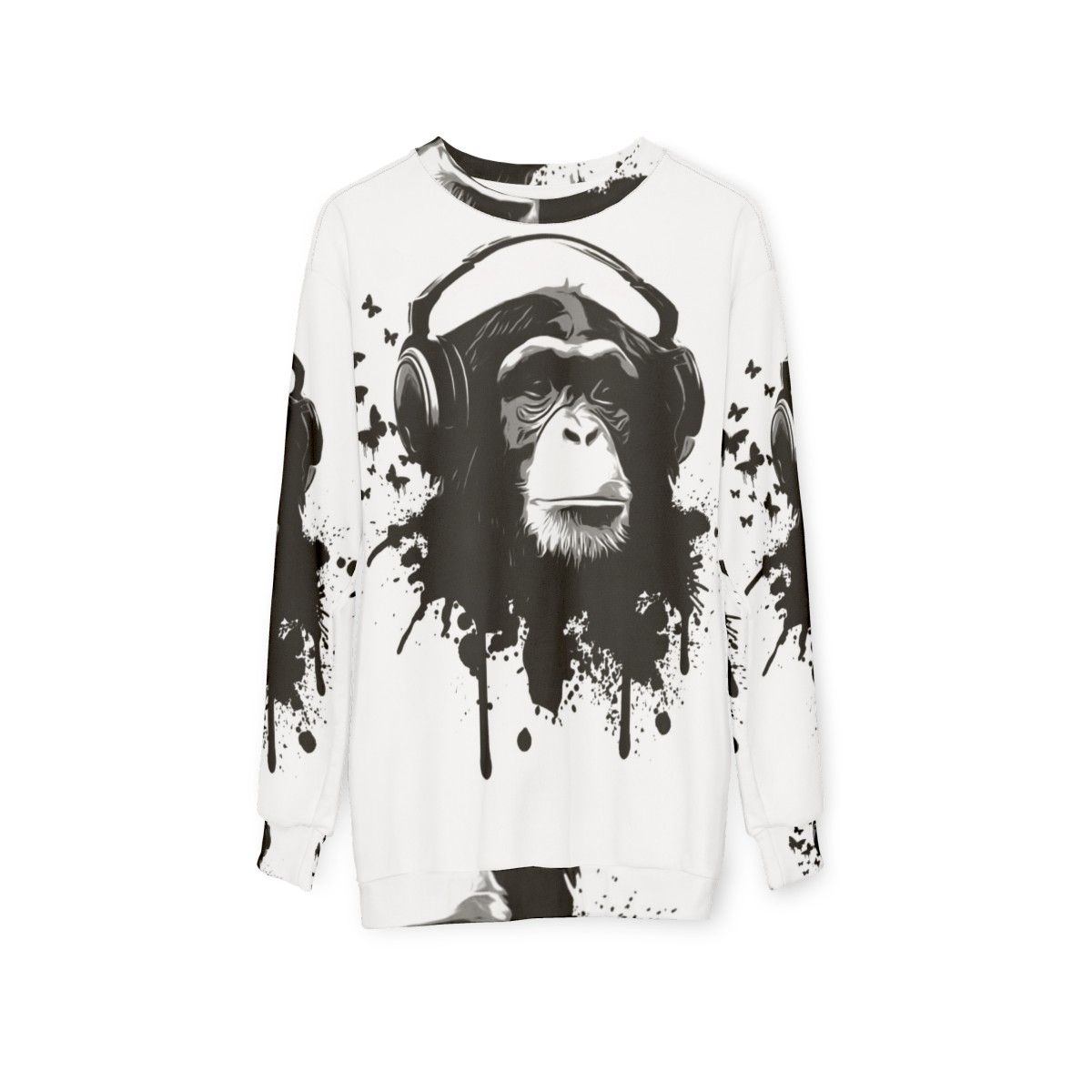 Stylish monkey business sweatshirt with vibrant splatter pattern and animal graphics - hanging