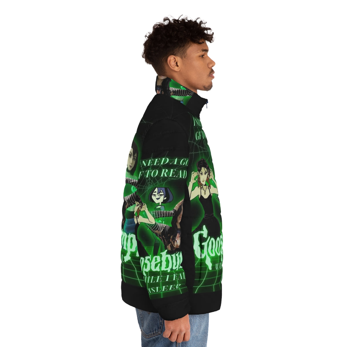 Goth-inspired puffer jacket with Goosebumps-themed design - men side right