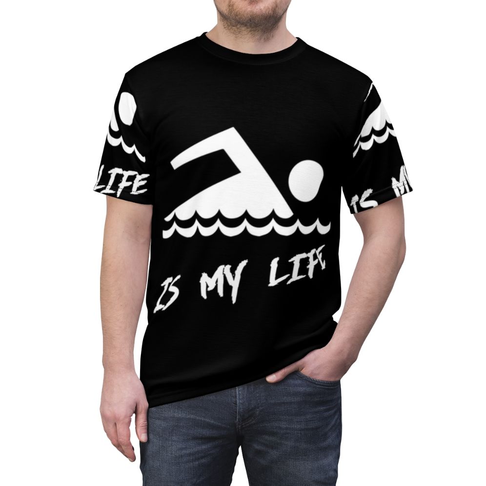 A person wearing a T-shirt with the design "Swimming Is My Life" - men front