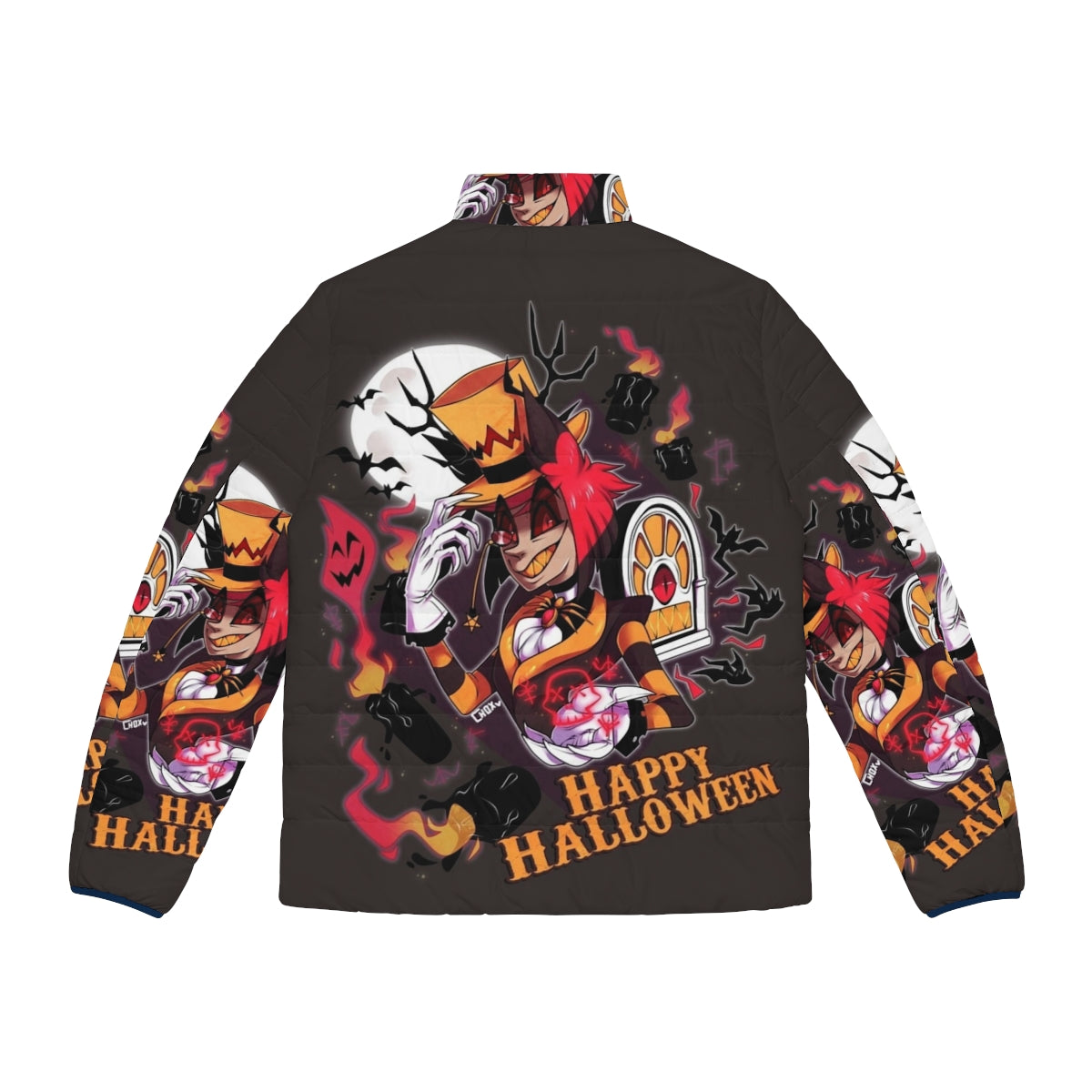 Hazbinhotel Alastor Halloween Puffer Jacket with focus keyword "halloween puffer jacket" - Back