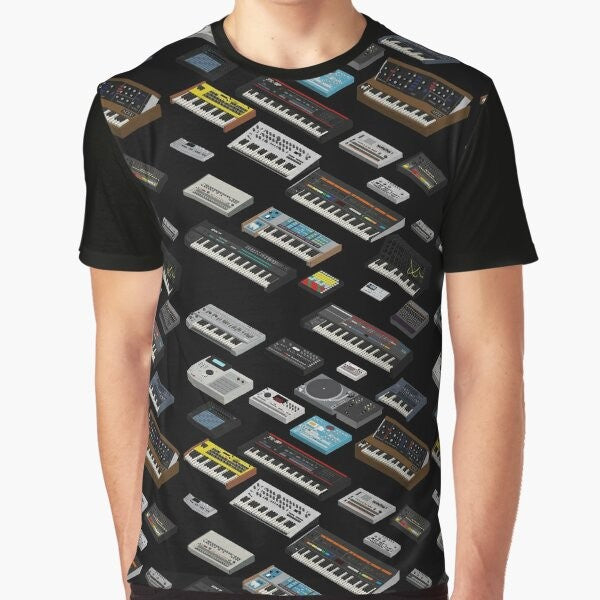 Retro-style graphic t-shirt featuring a synthesizer and electronic music elements