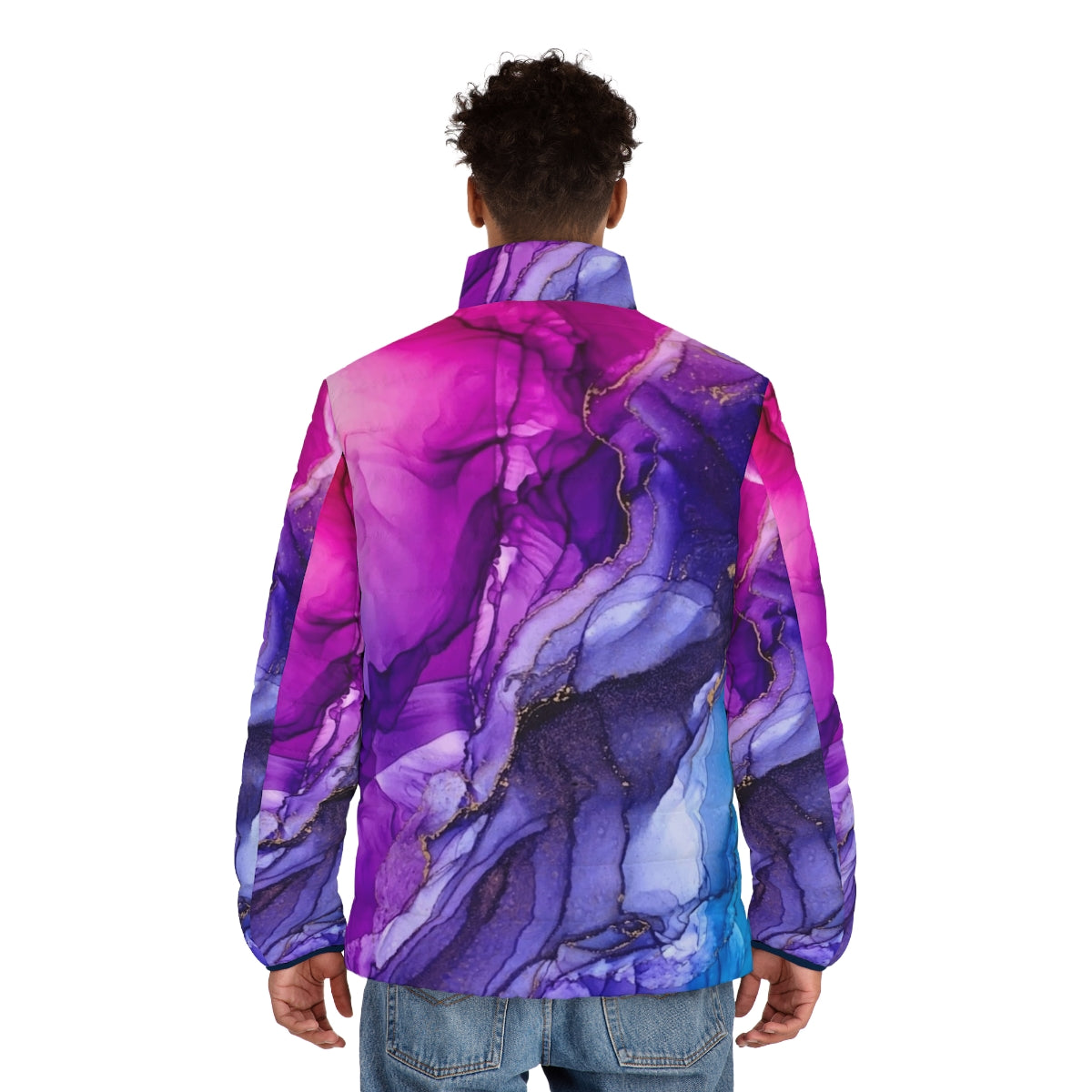 Vibrant abstract rainbow ombre puffer jacket with fluid art inspired design - men back