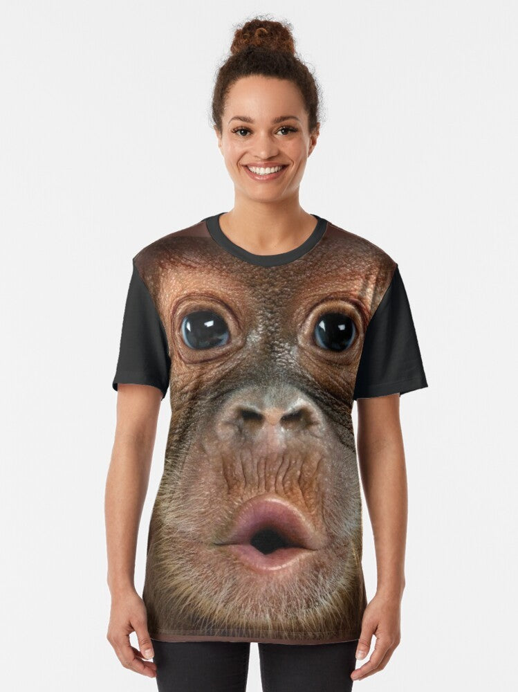 Hyper realistic illustration of a baby orangutan monkey on a graphic t-shirt - Women