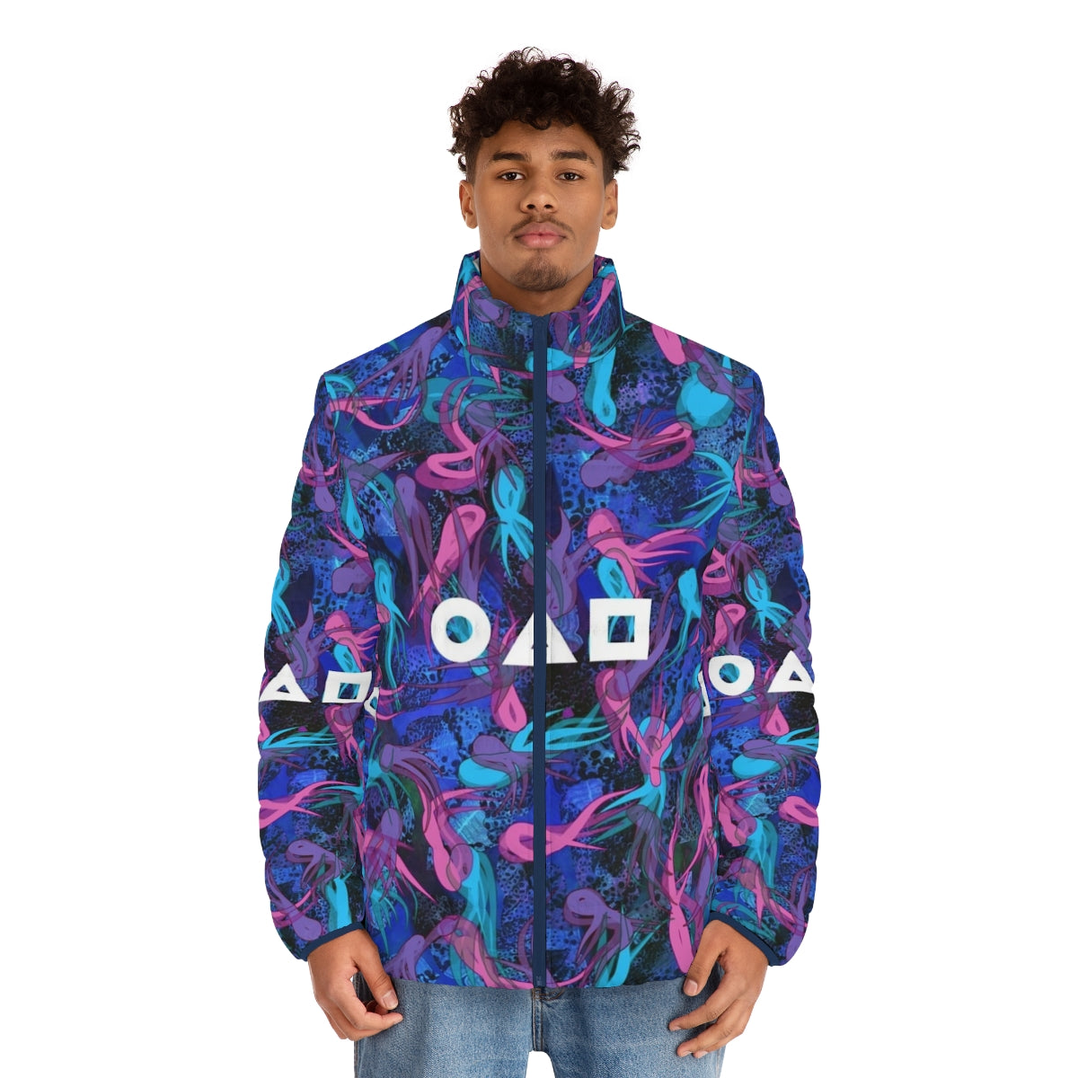 Squid Game Survival Pattern Puffer Jacket with Unique Graphic Design - men front