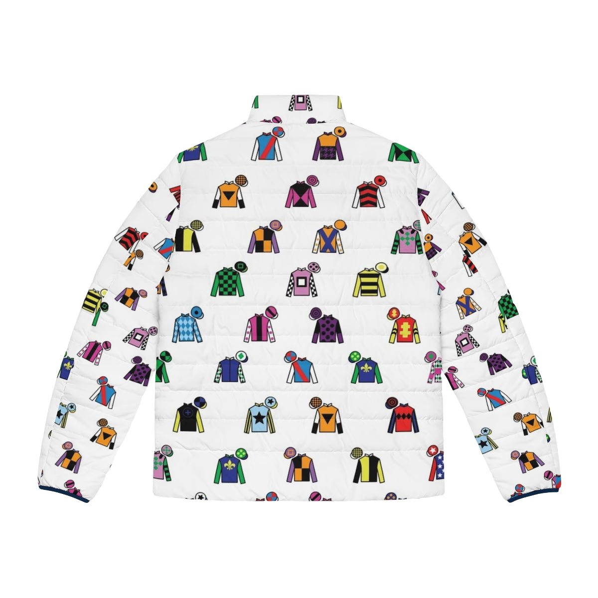 Colorful puffer jacket with horse racing jockey silks design - Back