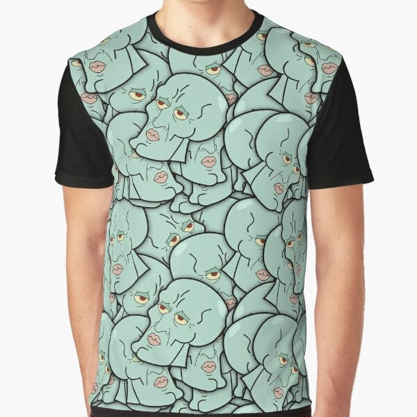 A graphic t-shirt featuring a handsome man design and Squidward Tentacles from Spongebob Squarepants.