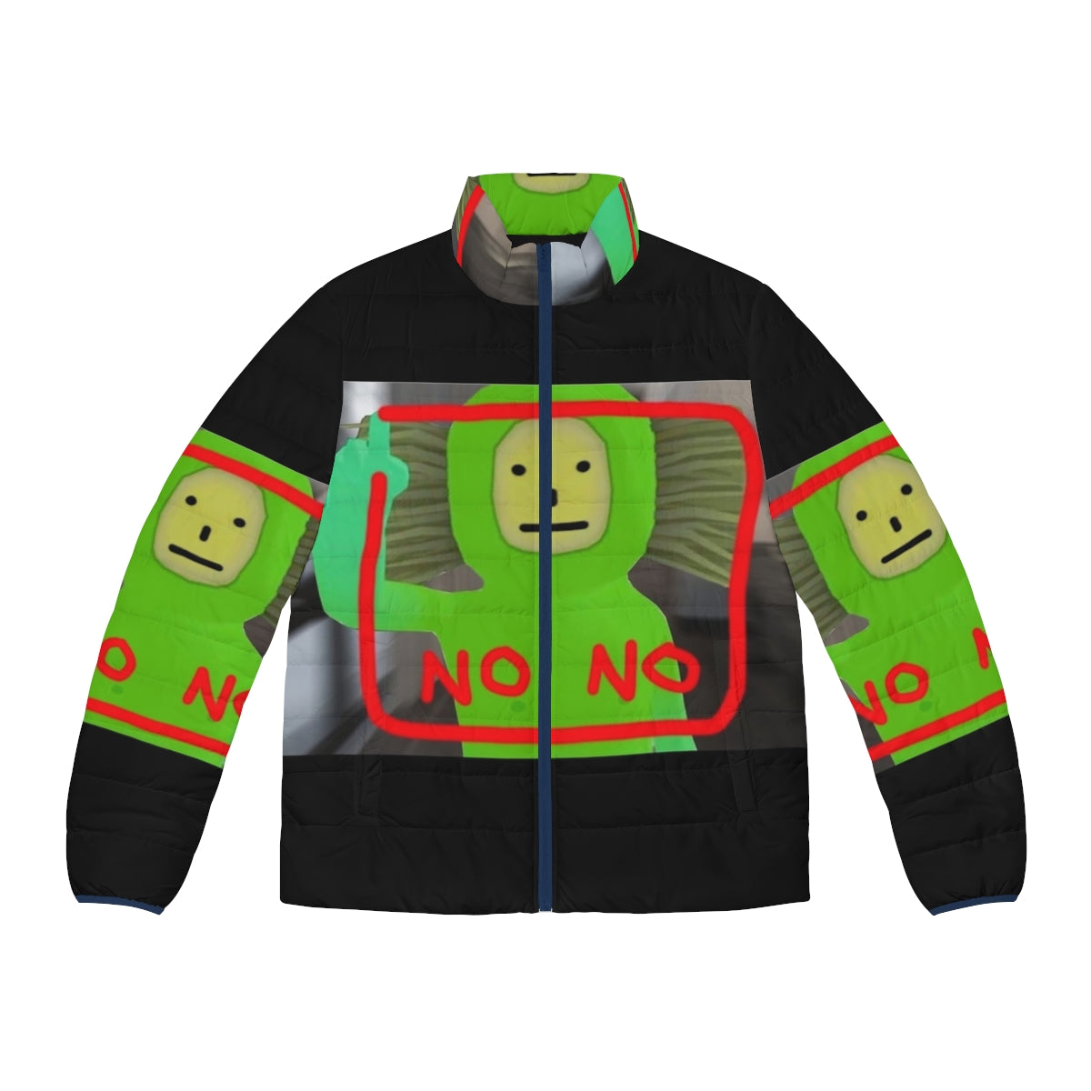 No No Square Puffer Jacket featuring a green and red design inspired by the popular YouTube meme