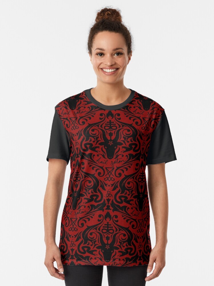 Satanic art occult damask graphic t-shirt with "Hail Satan" text and baphomet symbol - Women