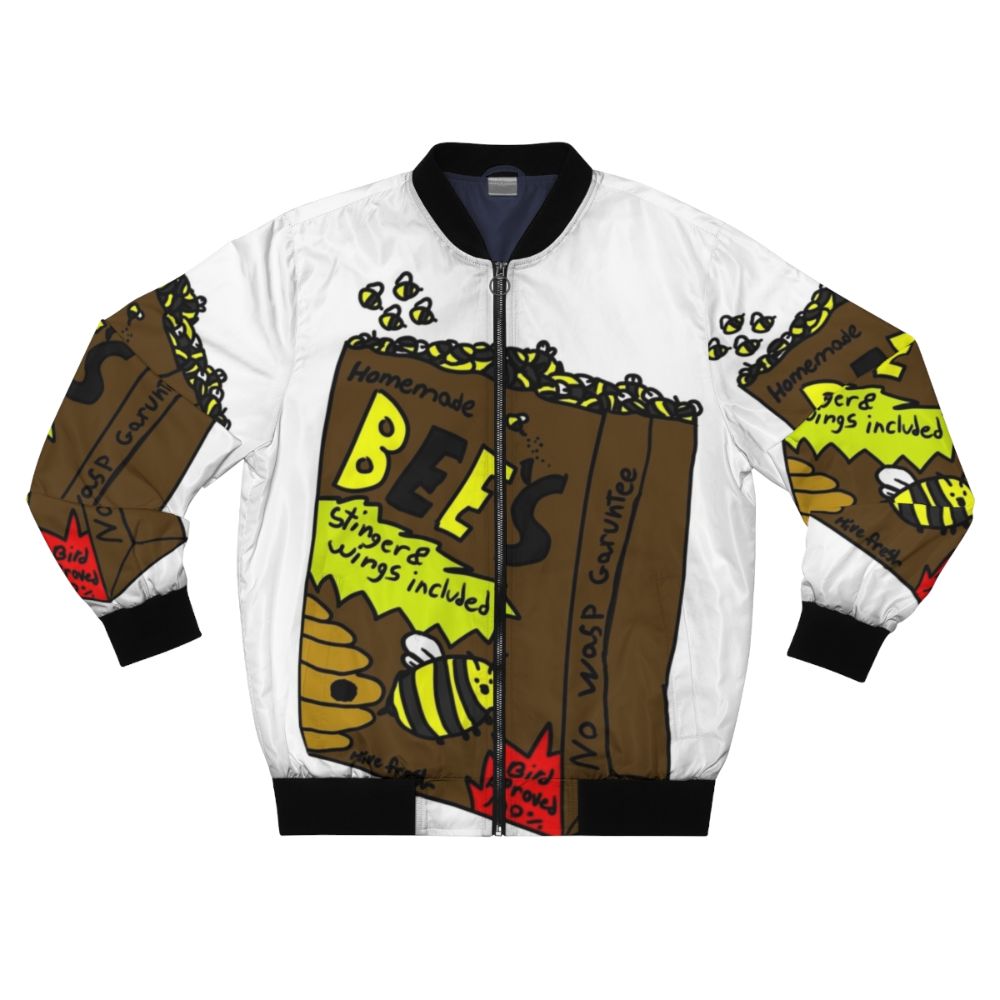 Bees bomber jacket with a humorous bumblebee design