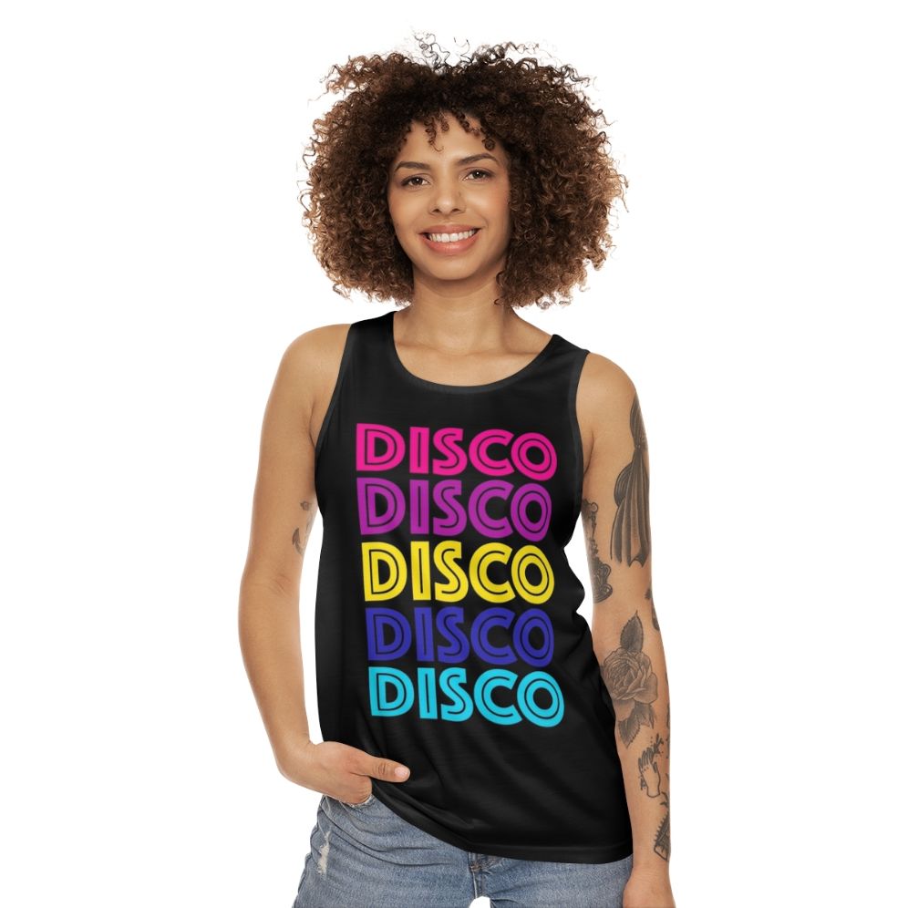 Disco-inspired unisex tank top with glittering disco ball design - women