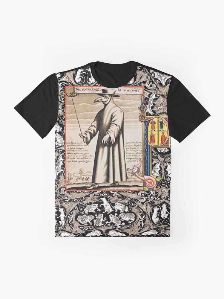 Plague doctor graphic t-shirt with medieval, gothic, and horror design elements - Flat lay