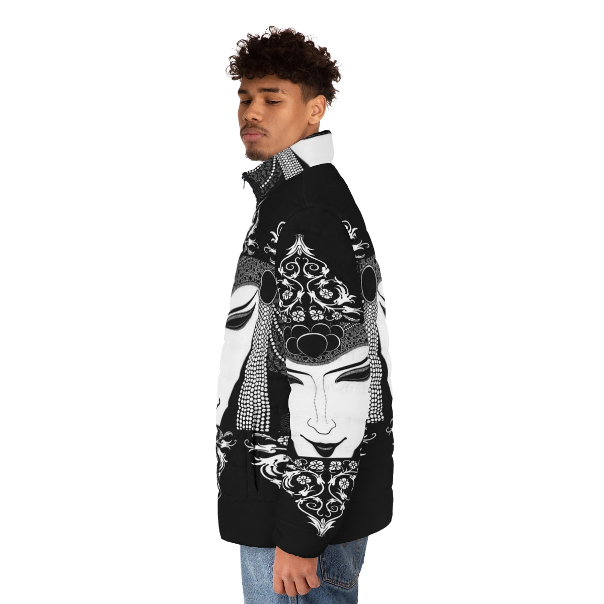 Aubrey Beardsley inspired gothic puffer jacket with black and white illustration - men side left