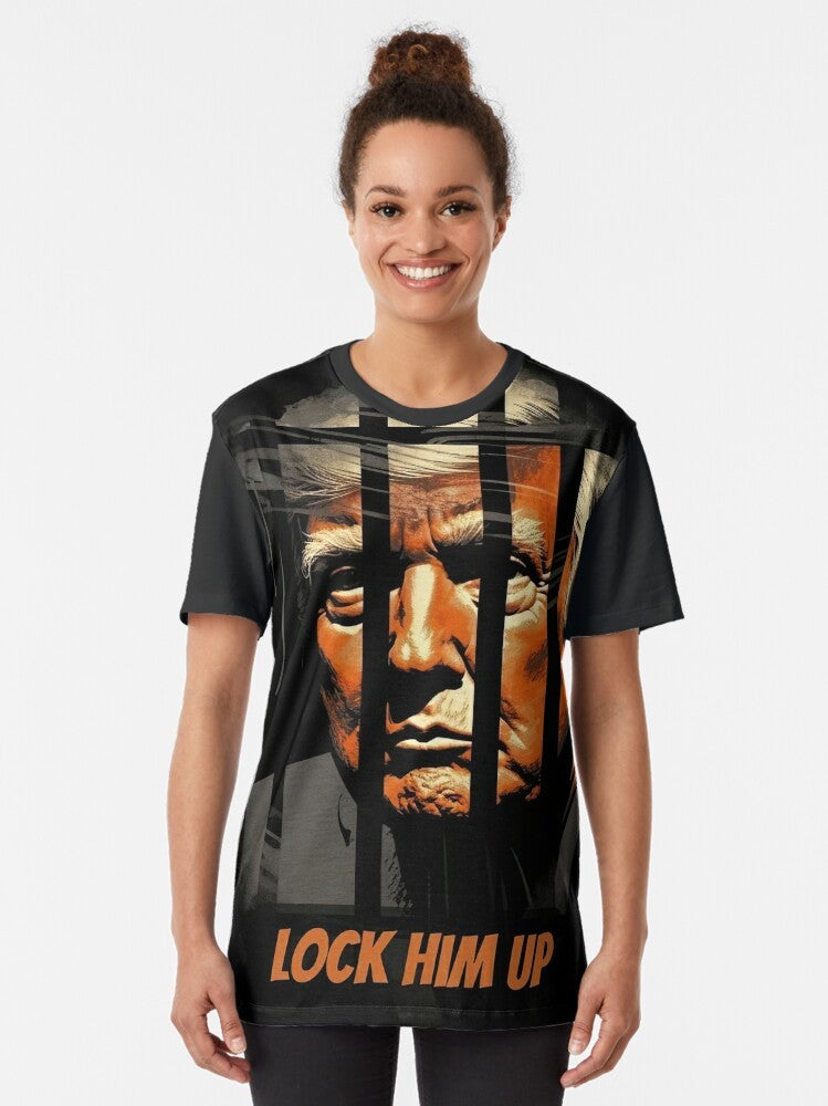 Graphic t-shirt design featuring the text "Lock Him Up" and an anti-Trump message. - Women