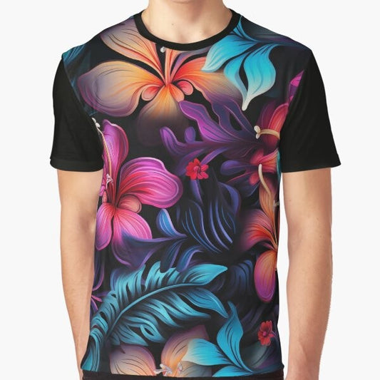 A graphic t-shirt featuring a tropical Hawaiian-inspired pattern with bioluminescent flowers and plants.