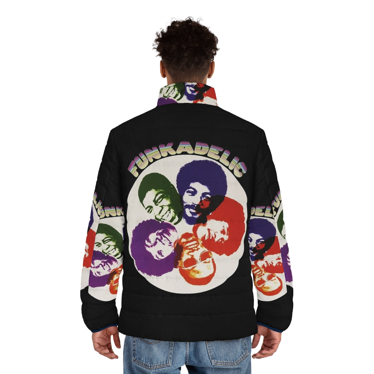 Funkadelic Parliament Band vintage puffer jacket with psychedelic and retro funk design - men back