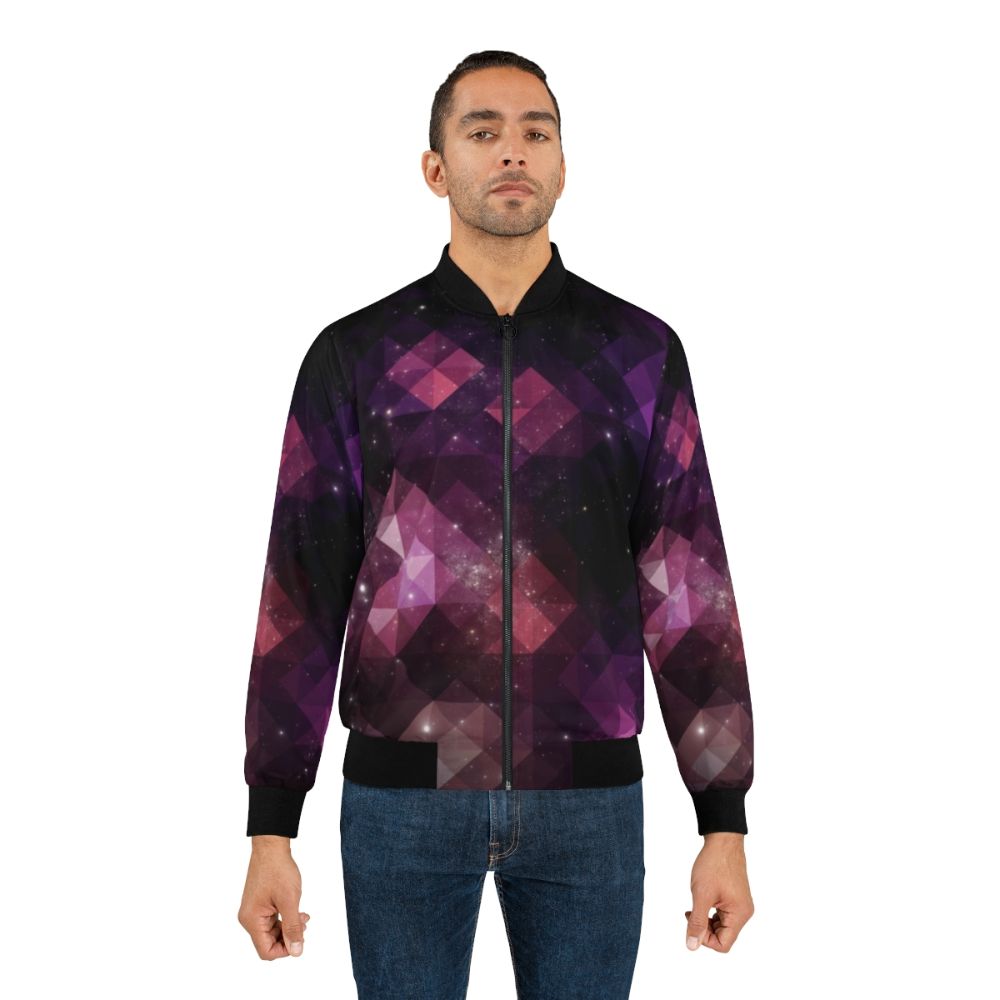 Cosmic Geometric Space Bomber Jacket with triangle and star pattern in pink, black, and purple colors - Lifestyle