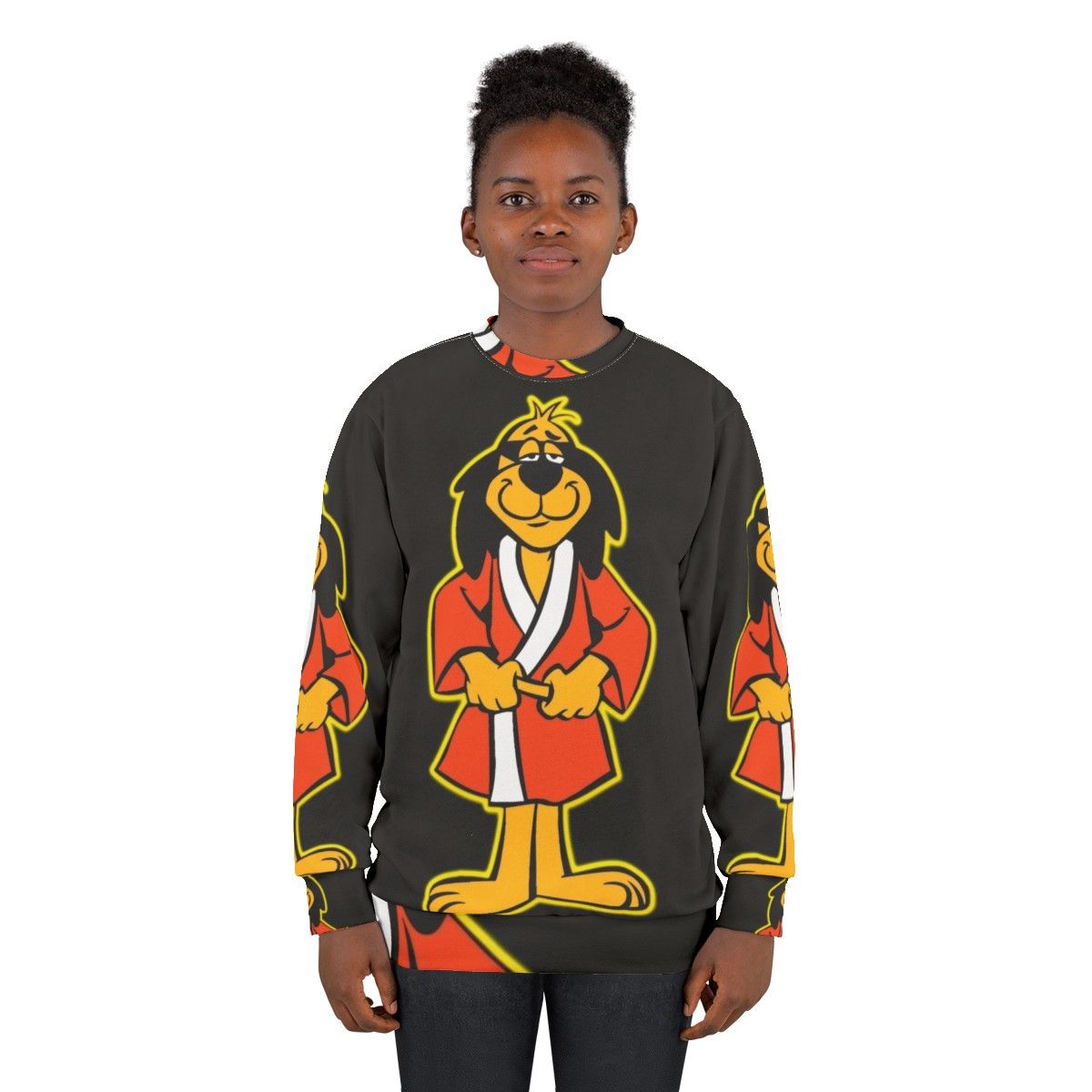 Hong Kong Phooey Cartoon Character Standing on Black Sweatshirt - women