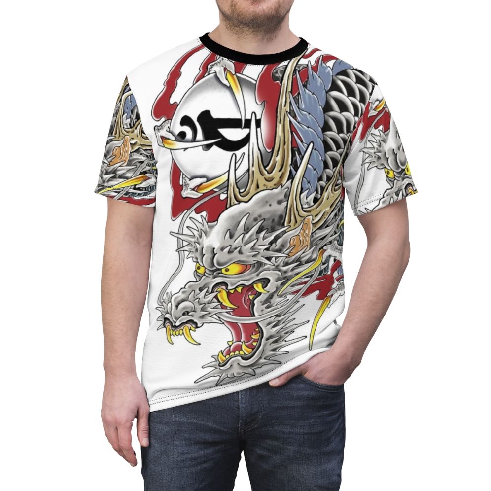 Japanese tattoo inspired Kazuma Kiryu t-shirt design featuring the iconic dragon tattoo - men front