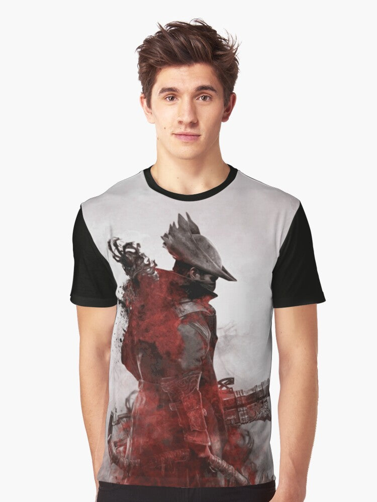 A high-quality, vector-based graphic t-shirt featuring the Bloodborne video game logo and imagery. - Men