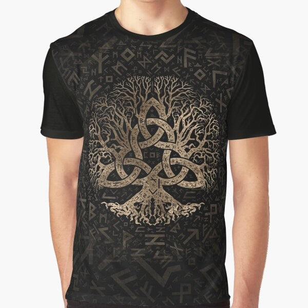 Graphic tee featuring a tree of life design with a triquetra and Futhark rune pattern in gold and black.