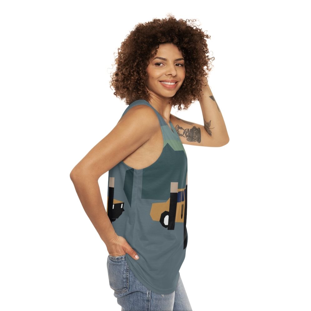 Minimalist unisex tank top with retro electronic music design - women side