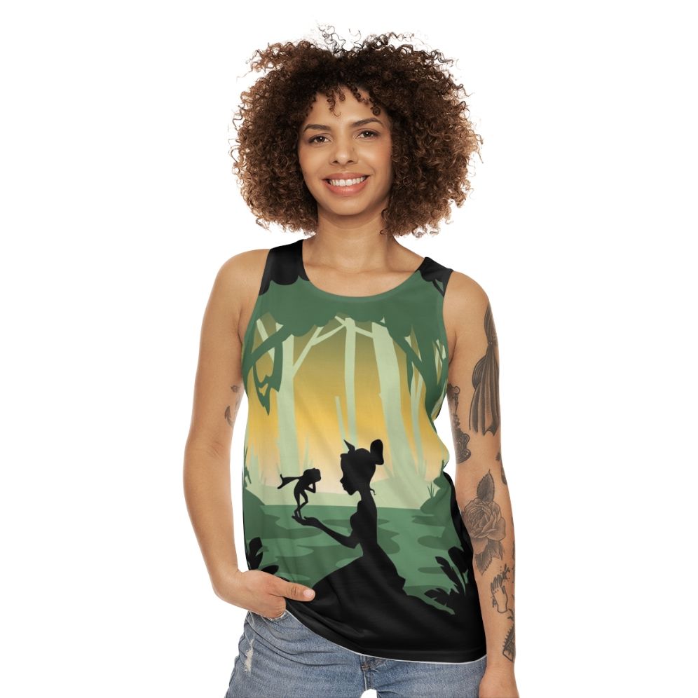 Minimal poster design of The Princess And The Frog movie on a unisex tank top - women