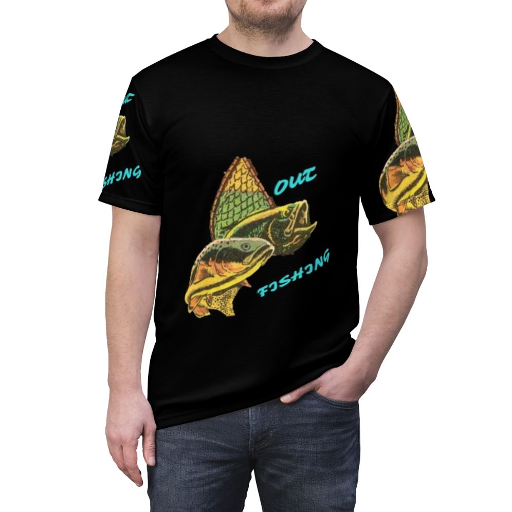 Fishing enthusiast wearing a high-quality t-shirt with a fishing design - men front