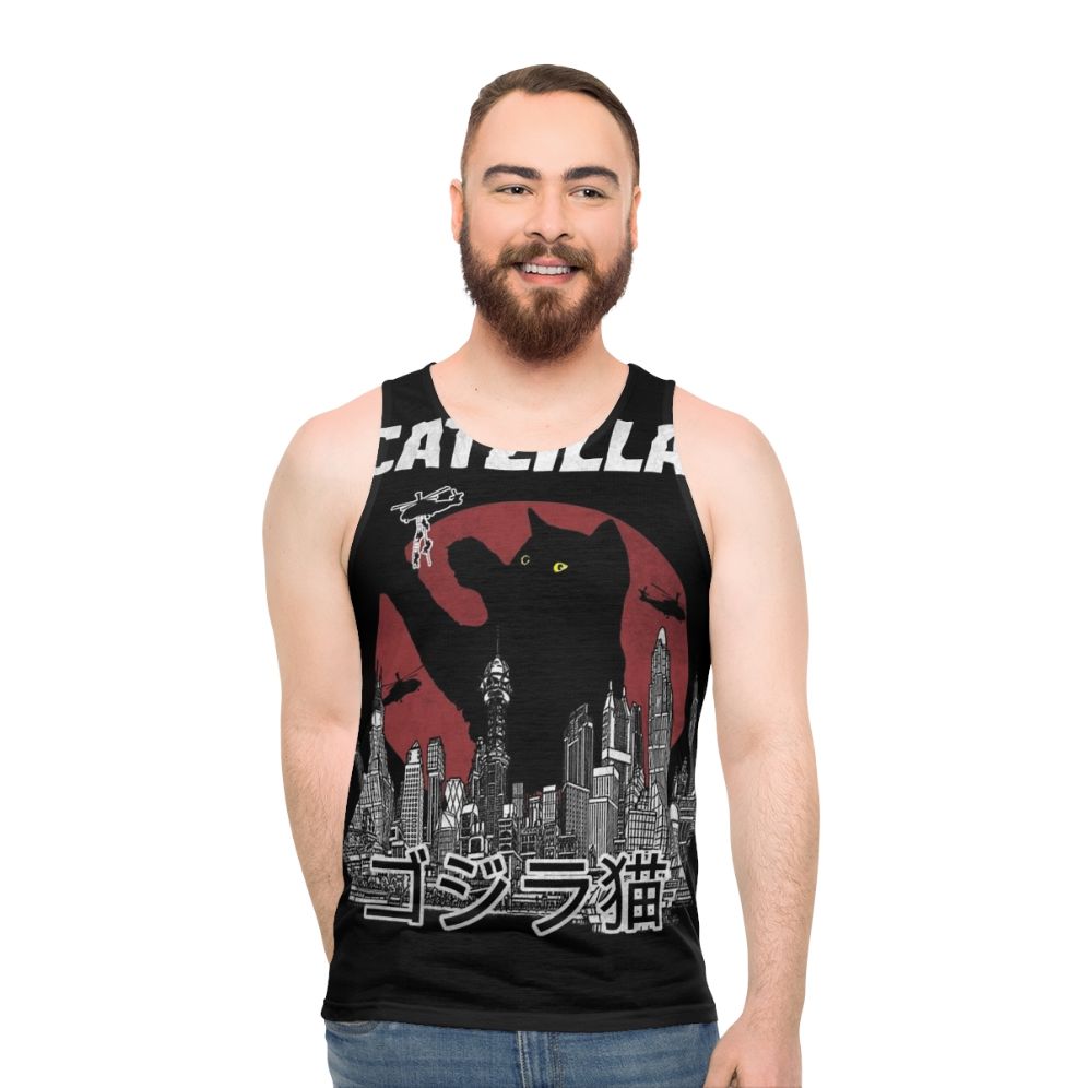 Vintage Catzilla Unisex Tank Top with Kawaii Japanese Cat Lover Design - men