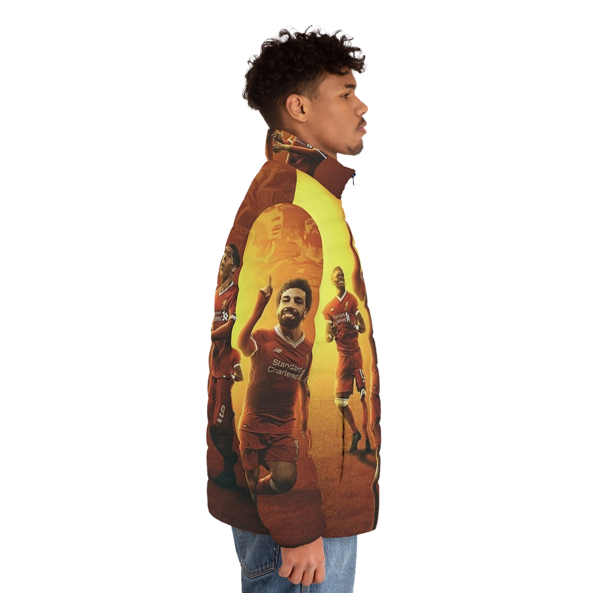 Mohamed Salah inspired puffer jacket featuring his iconic illustration - men side right